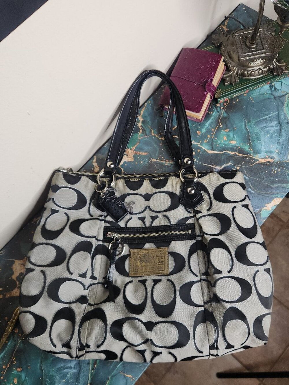 Coach Poppy Signature Glam Tote - Black/Gray - 16289